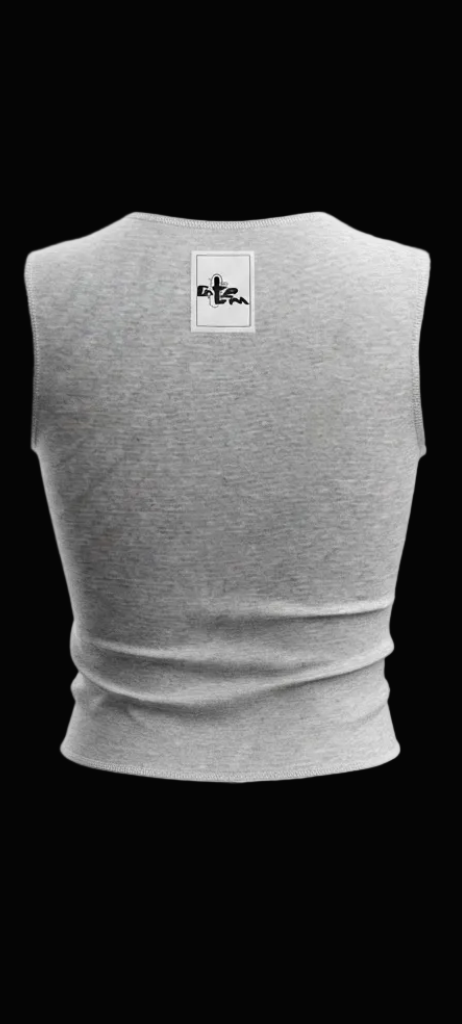 A light gray sleeveless crop top shown from the back, featuring a small white rectangular patch with a black graphic on the upper back, set against a plain white background.